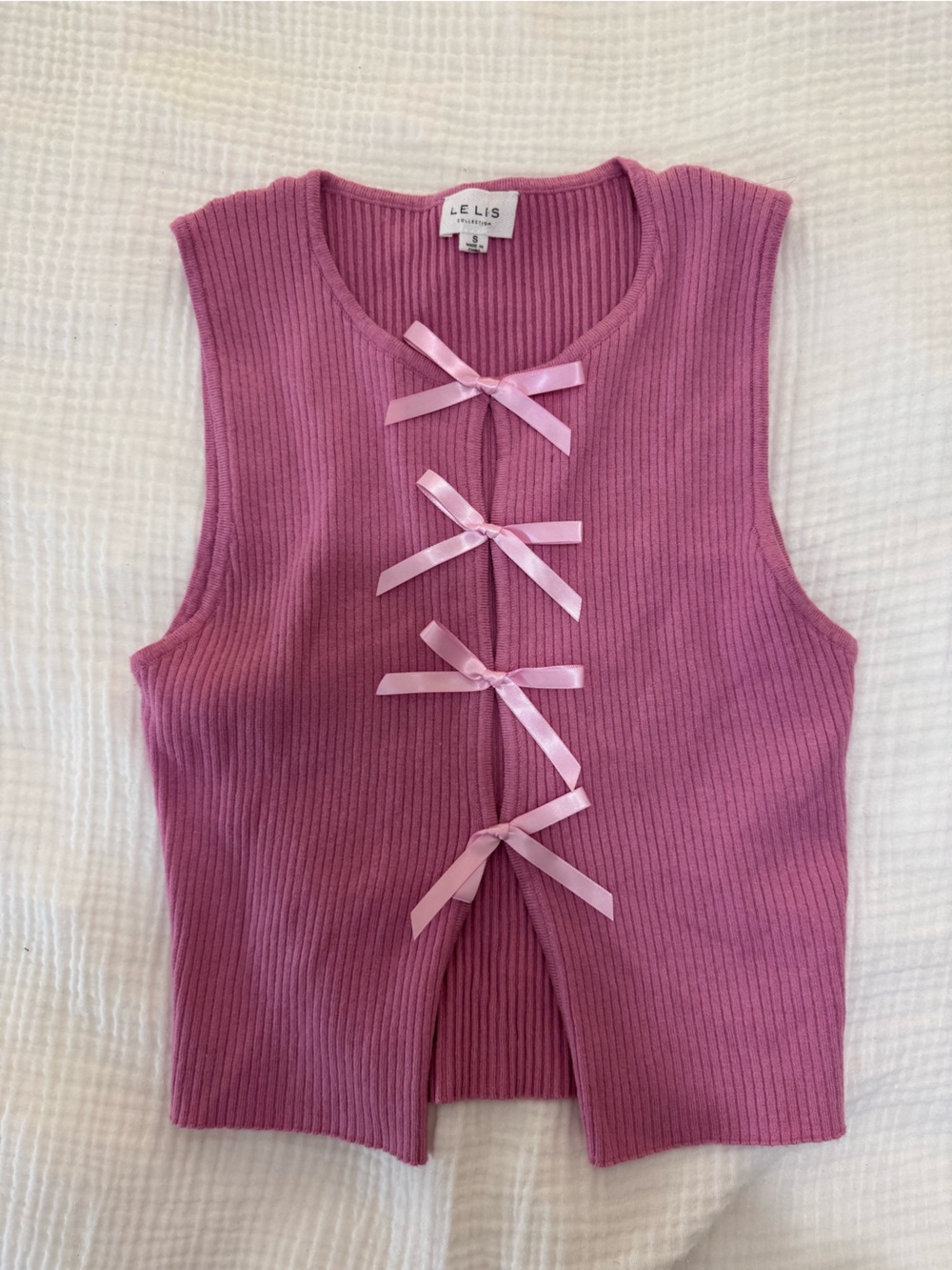 Le Lis Pink Ribbed Tank Top with Satin Bow Accents